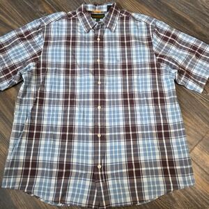 Timberland Mens Plaid Short‎ Sleeve Button Up Shirt XL Blue Brown Casual Outdoor
